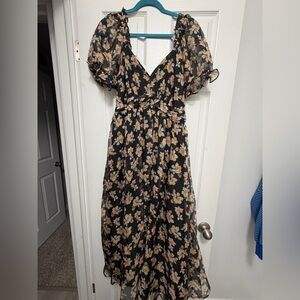 Petal and Pup Black Floral Midi Dress with Puff Sleeves